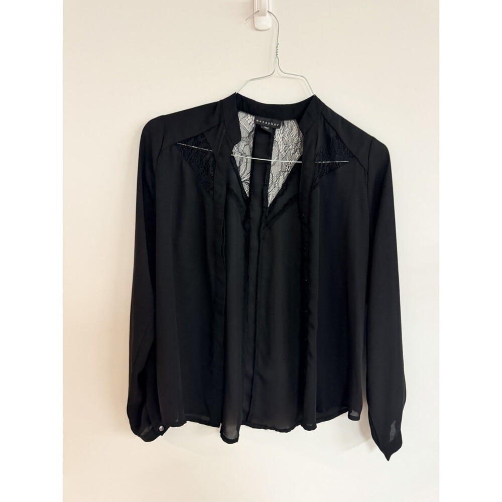 Metaphor Women’s Black Long Sleeve Blouse With Lace Detail, Size S